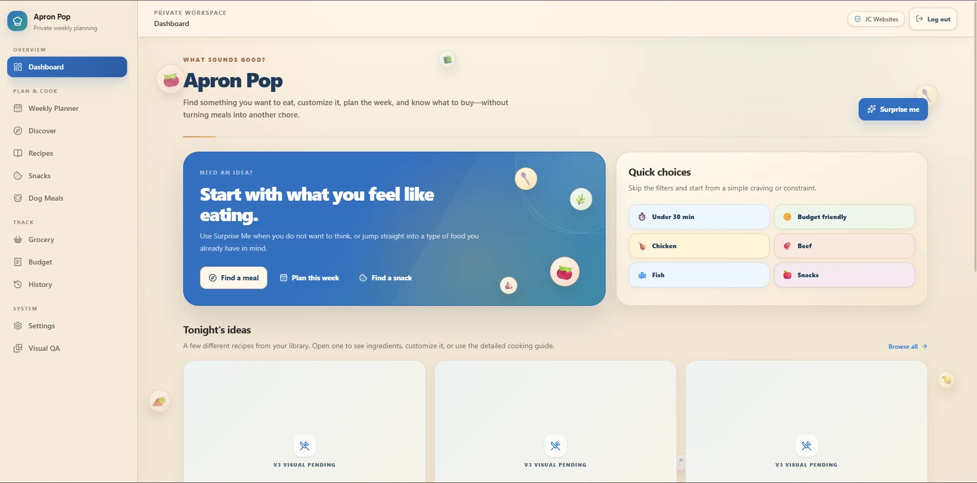 Apron Pop meal planning dashboard