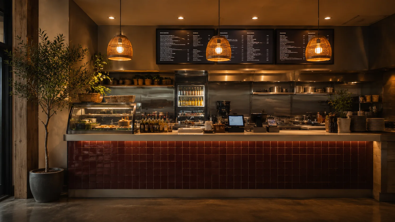 Warm Cedar Flame Grill counter and pickup area