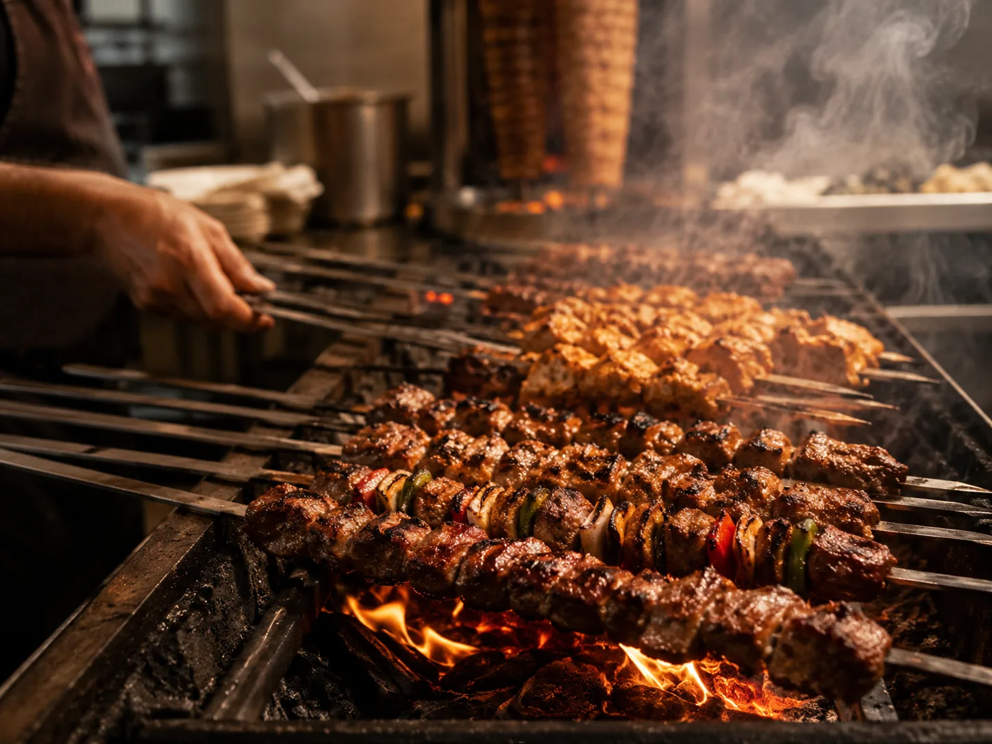 Skewers grilling over a warm flame
