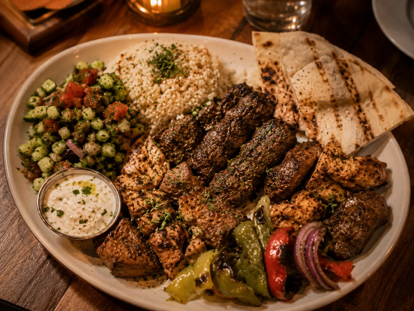 Mixed grill plate with grilled meats, rice, vegetables, pita, and sauces