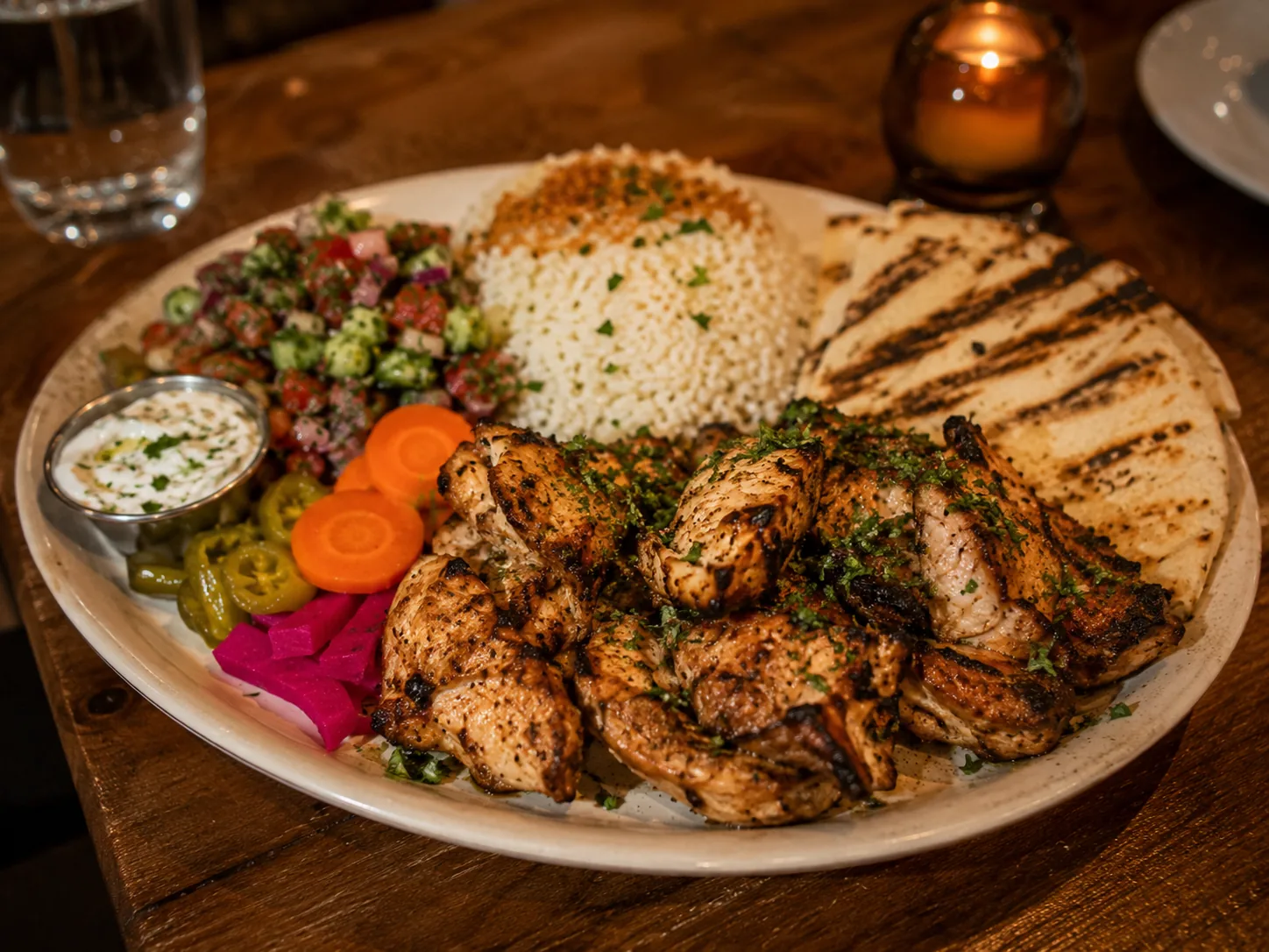 Chicken kebab plate with rice, pita, salad, pickles, and sauce