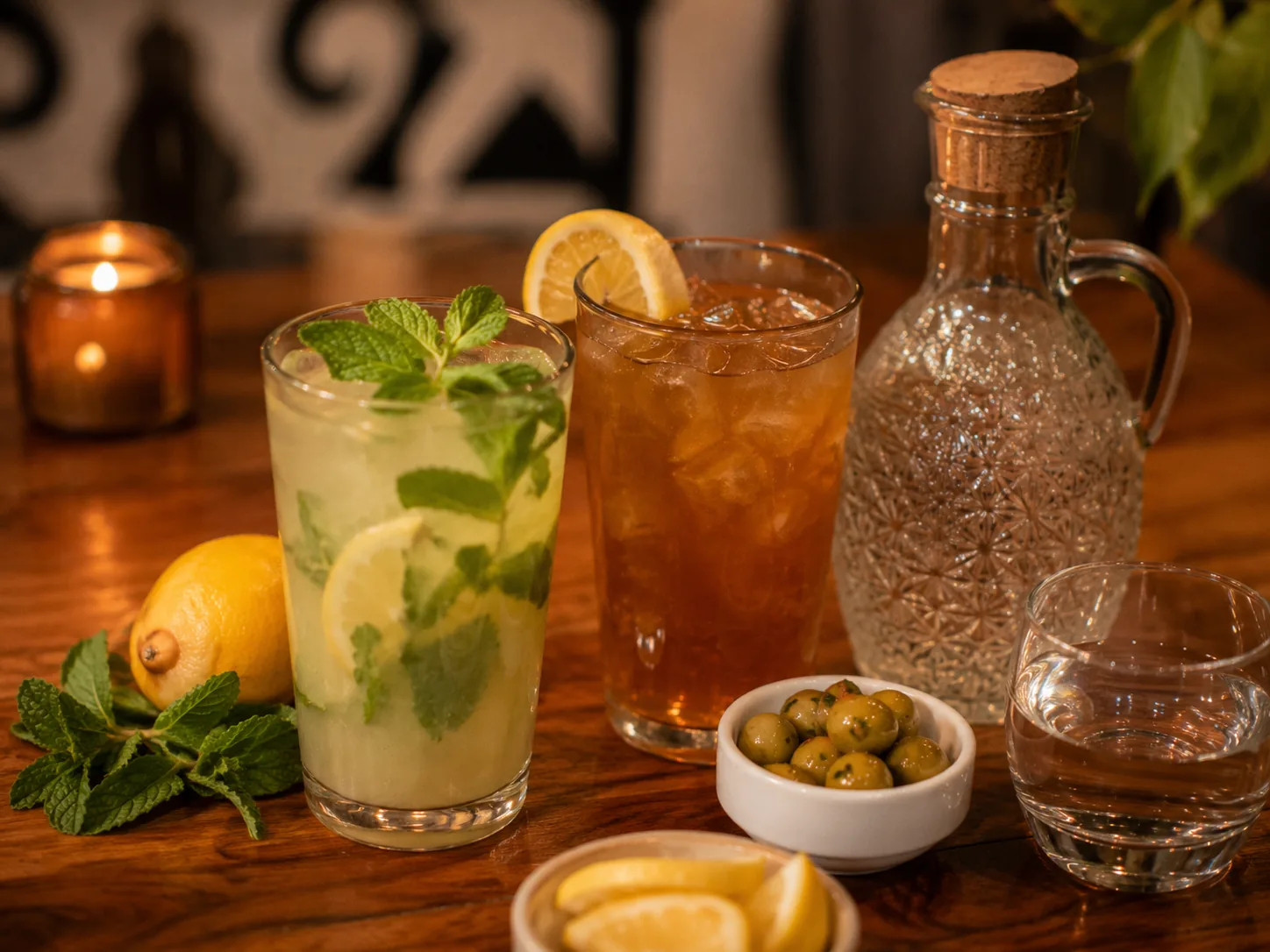 Fresh lemonade, iced tea, water, lemon, mint, and olives on a warm restaurant table