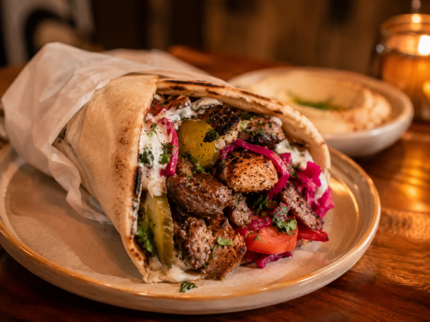 Shawarma wrap with grilled meat, herbs, pickles, and garlic sauce