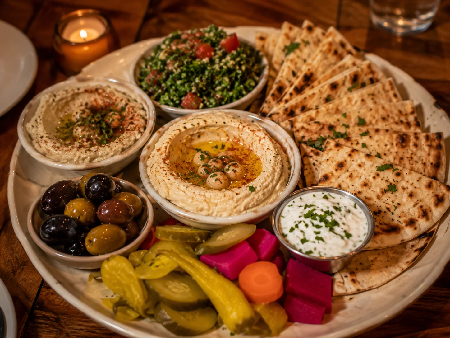 Mediterranean sides with hummus, pita, dips, herbs, and vegetables