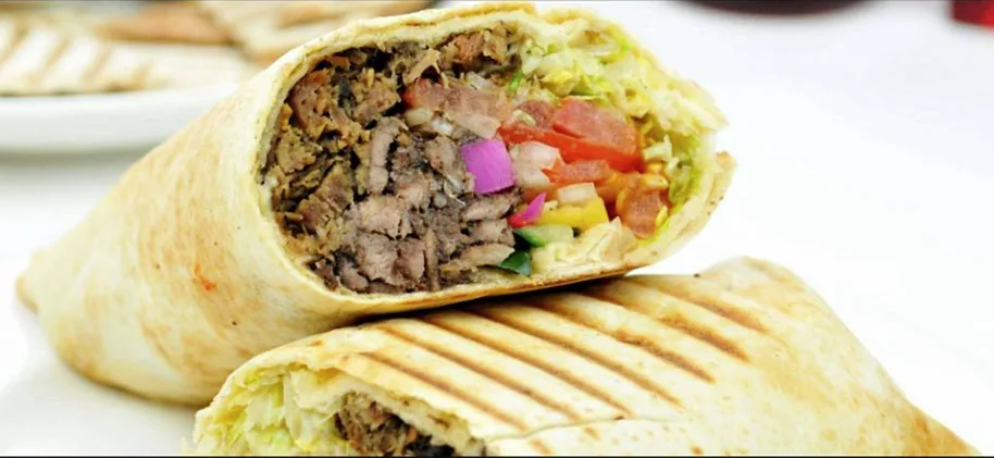 Shawarma wrap cut in half