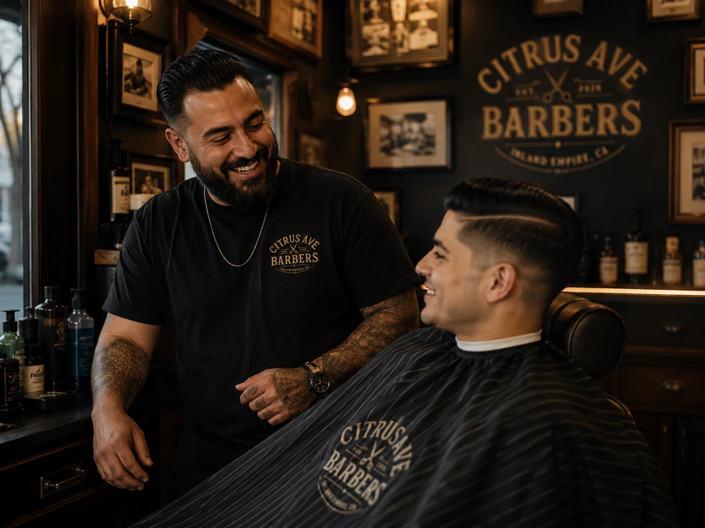 Welcoming barbershop moment with a barber and customer in a local shop