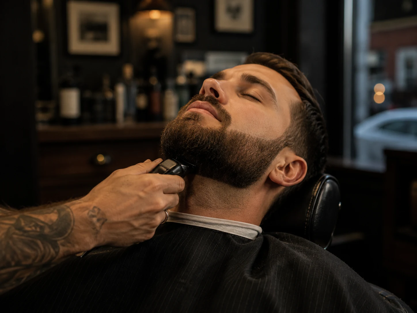 Barber shaping a beard with careful detail