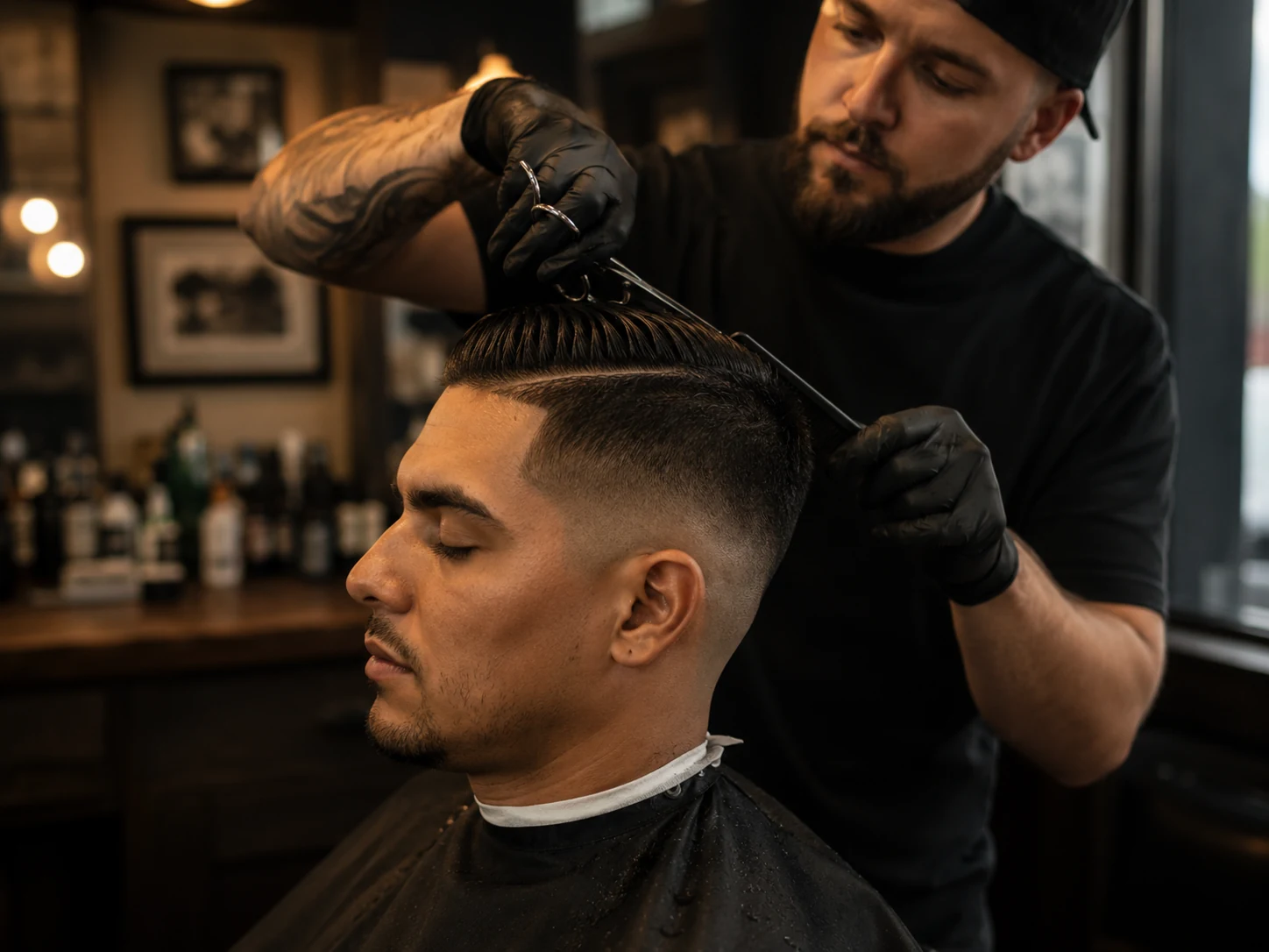 Barber finishing a clean men’s haircut in a warm shop setting