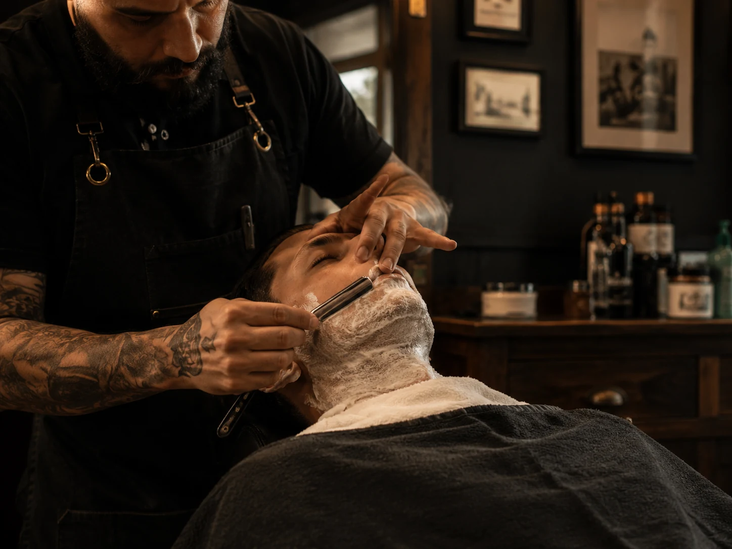 Hot towel shave service with a client reclining in a barber chair