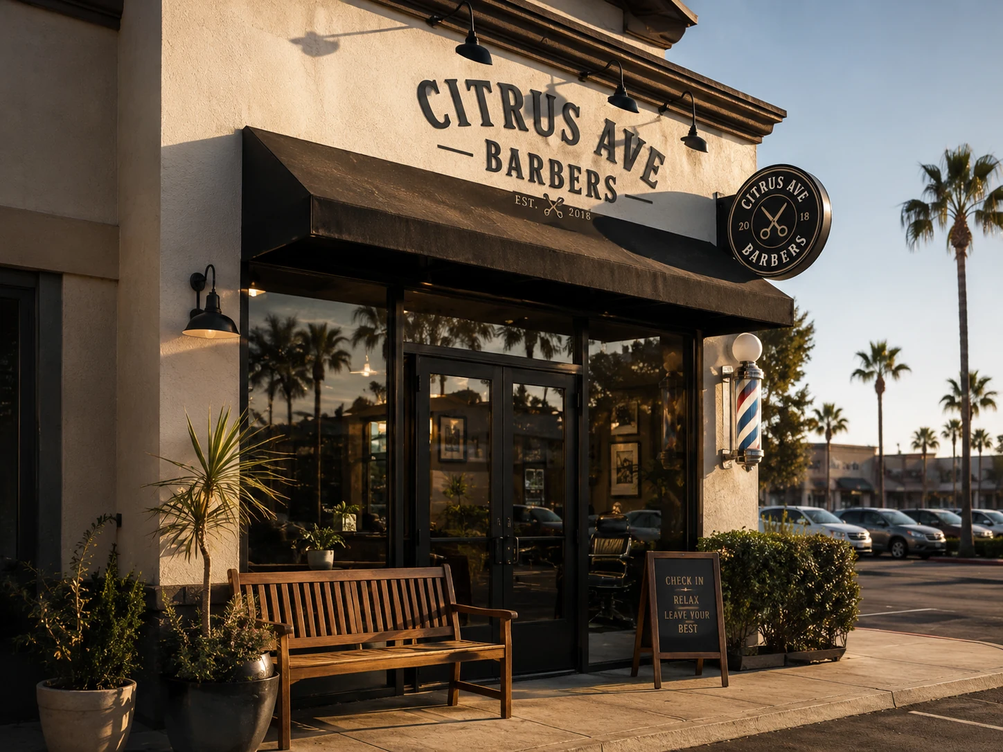 Citrus Ave Barbers storefront at golden hour in a local Inland Empire neighborhood