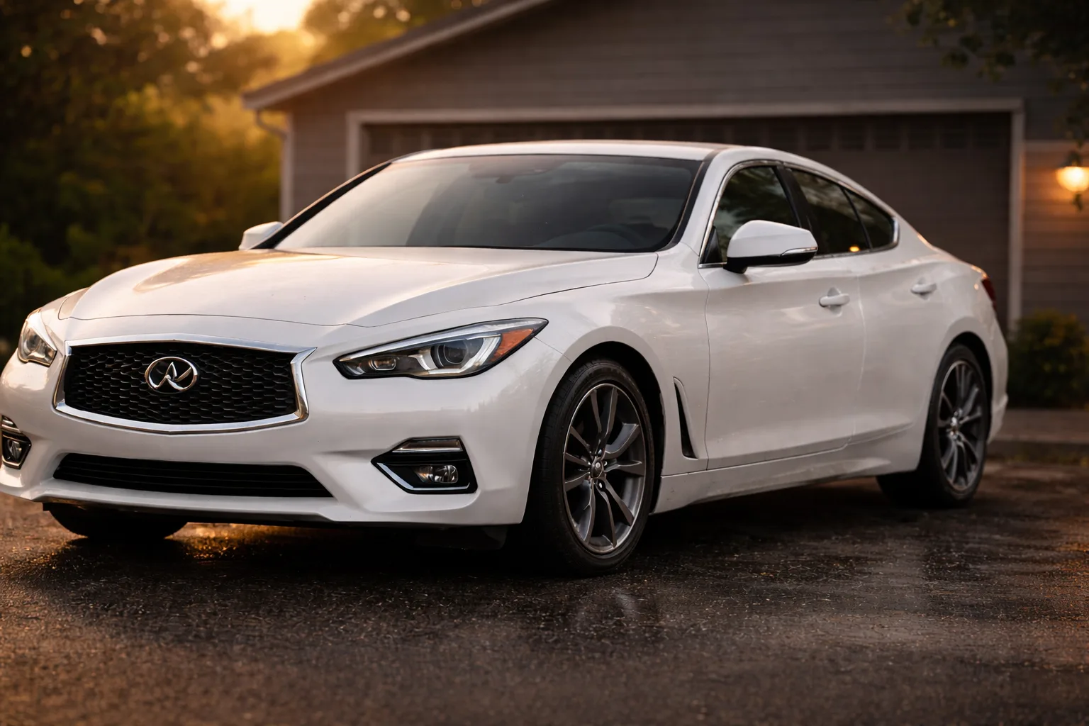 White luxury sedan in driveway after detailing with glossy reflective paint