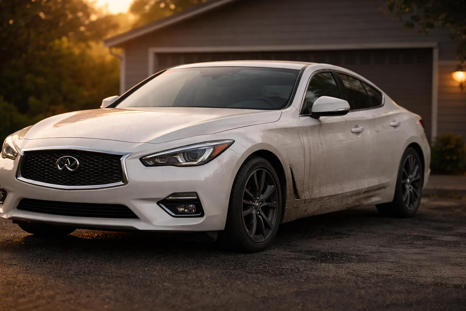 White luxury sedan in driveway before detailing with light dust and road grime