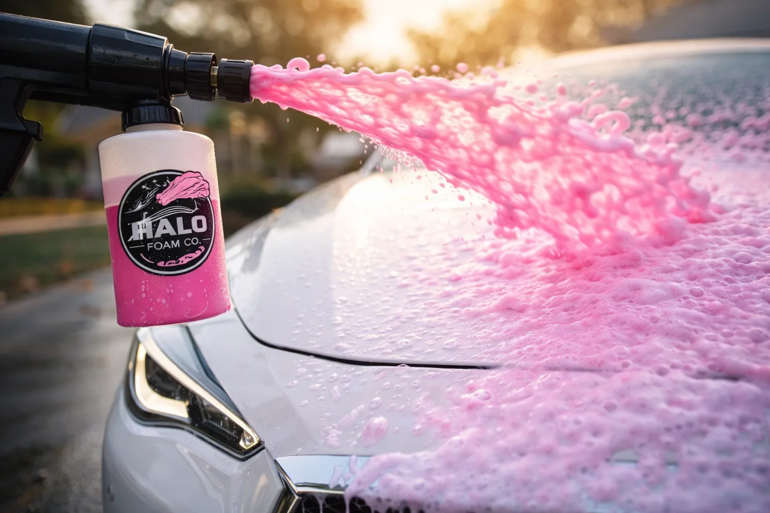 Close-up of Halo Foam foam cannon spraying pink foam across a white Infiniti hood