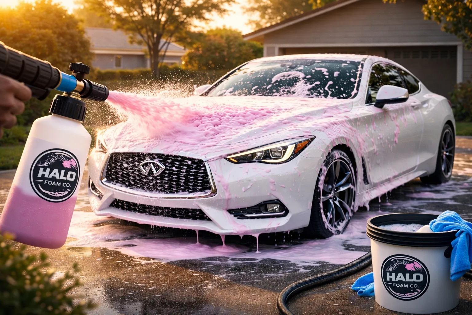White Infiniti receiving pink foam cannon wash in a driveway