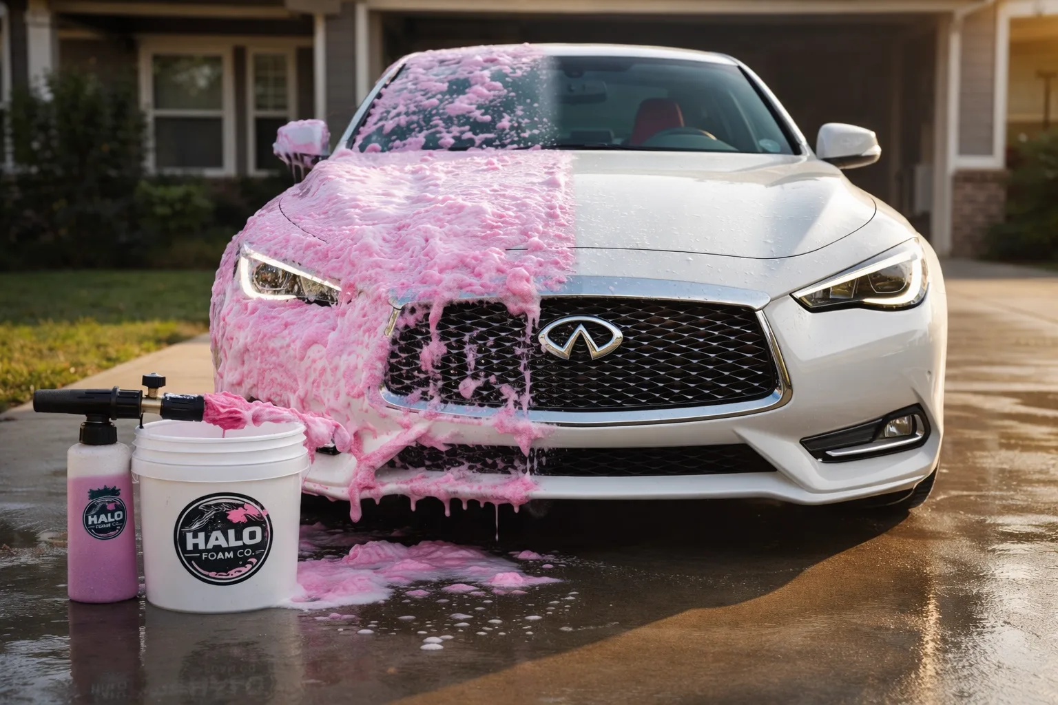 White Infiniti receiving pink foam wash in a driveway with Halo Foam bucket and bottle visible