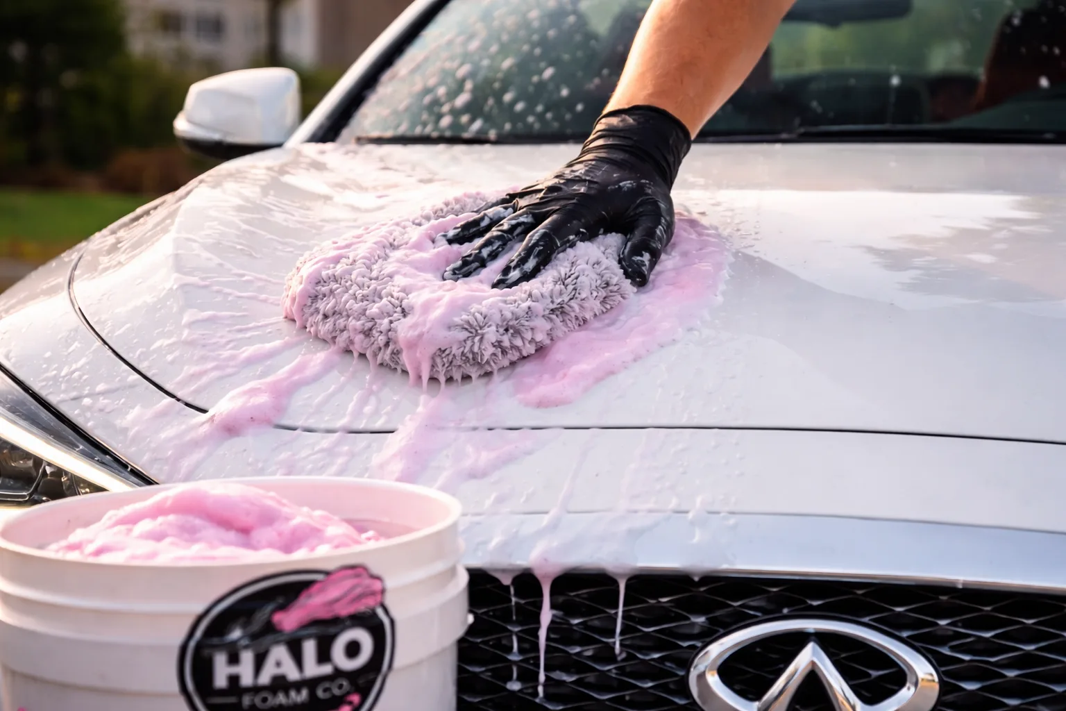 Gloved hand using microfiber mitt on a white Infiniti hood with pink foam