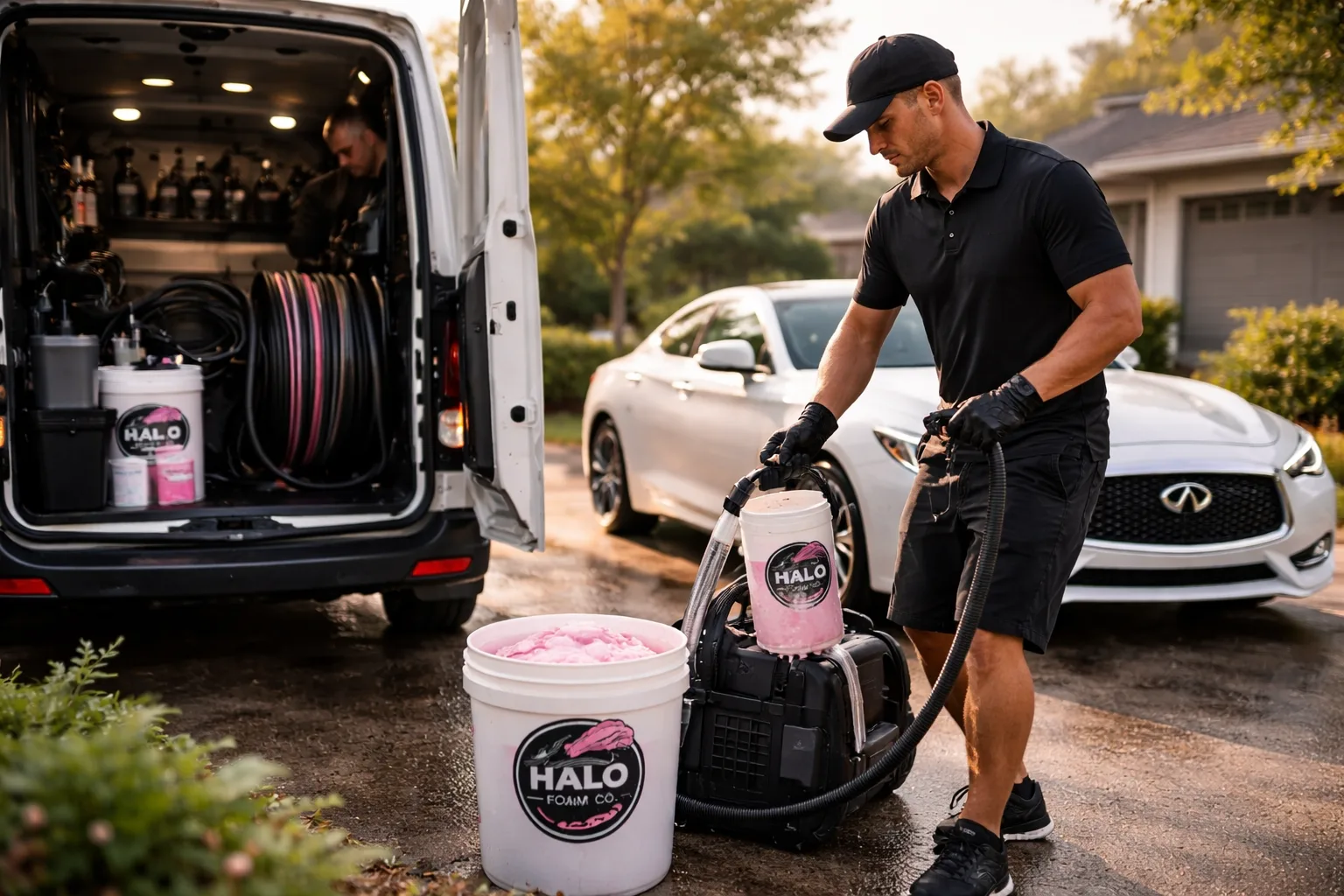 Mobile detailer arriving with equipment and bucket beside a white Infiniti