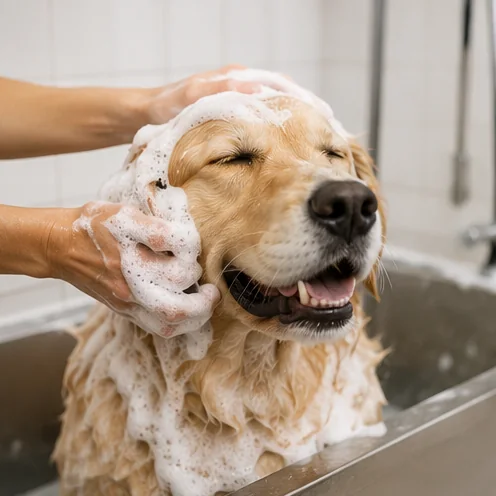 Golden retriever bath and scrub service