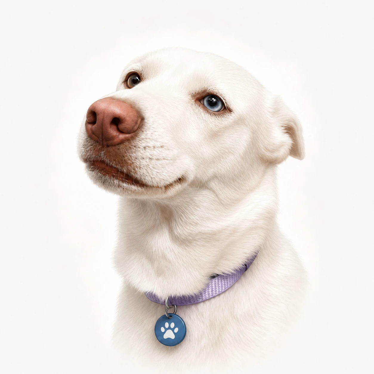 Honey, the calm white dog with one blue eye and one brown eye