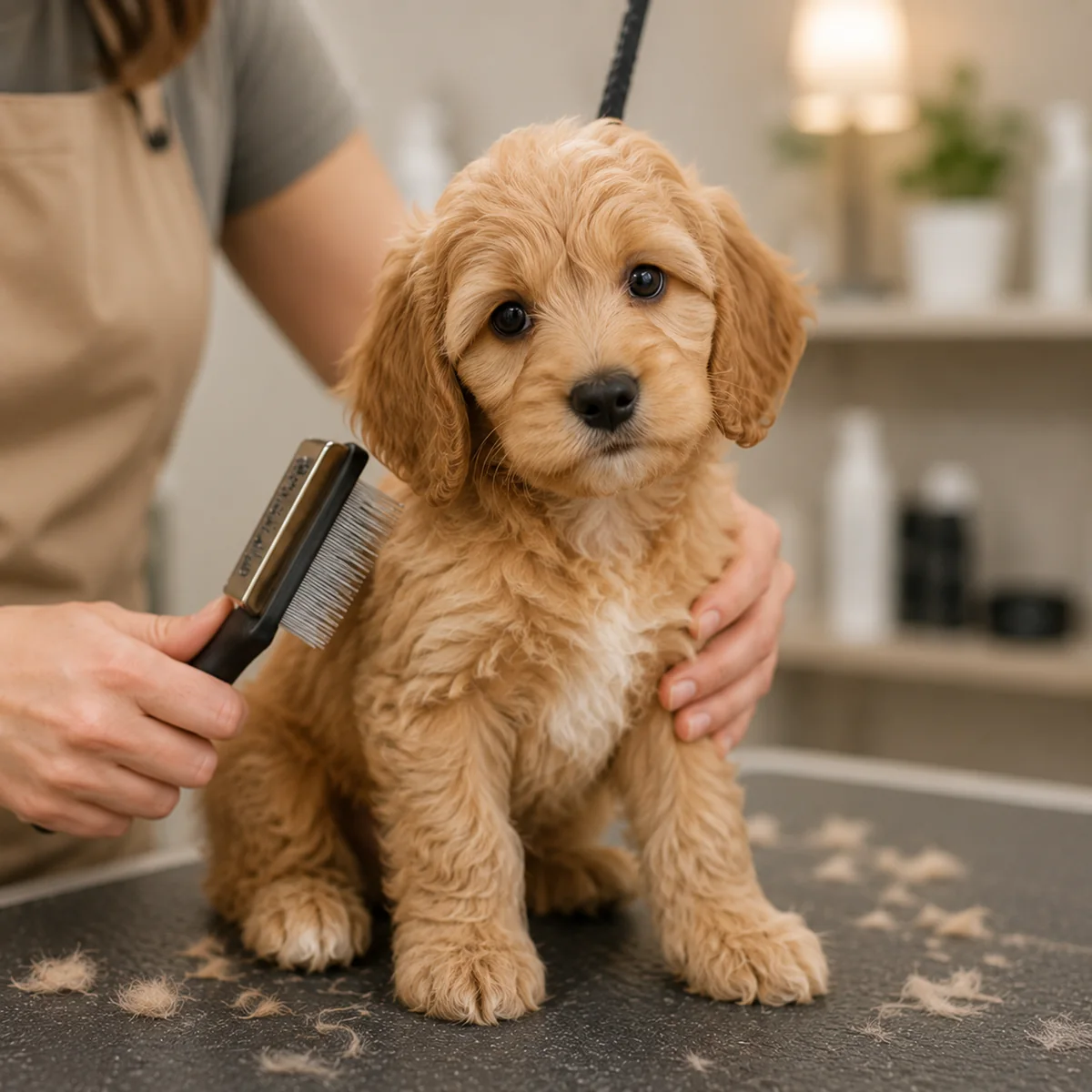 Young puppy being gently introduced to grooming