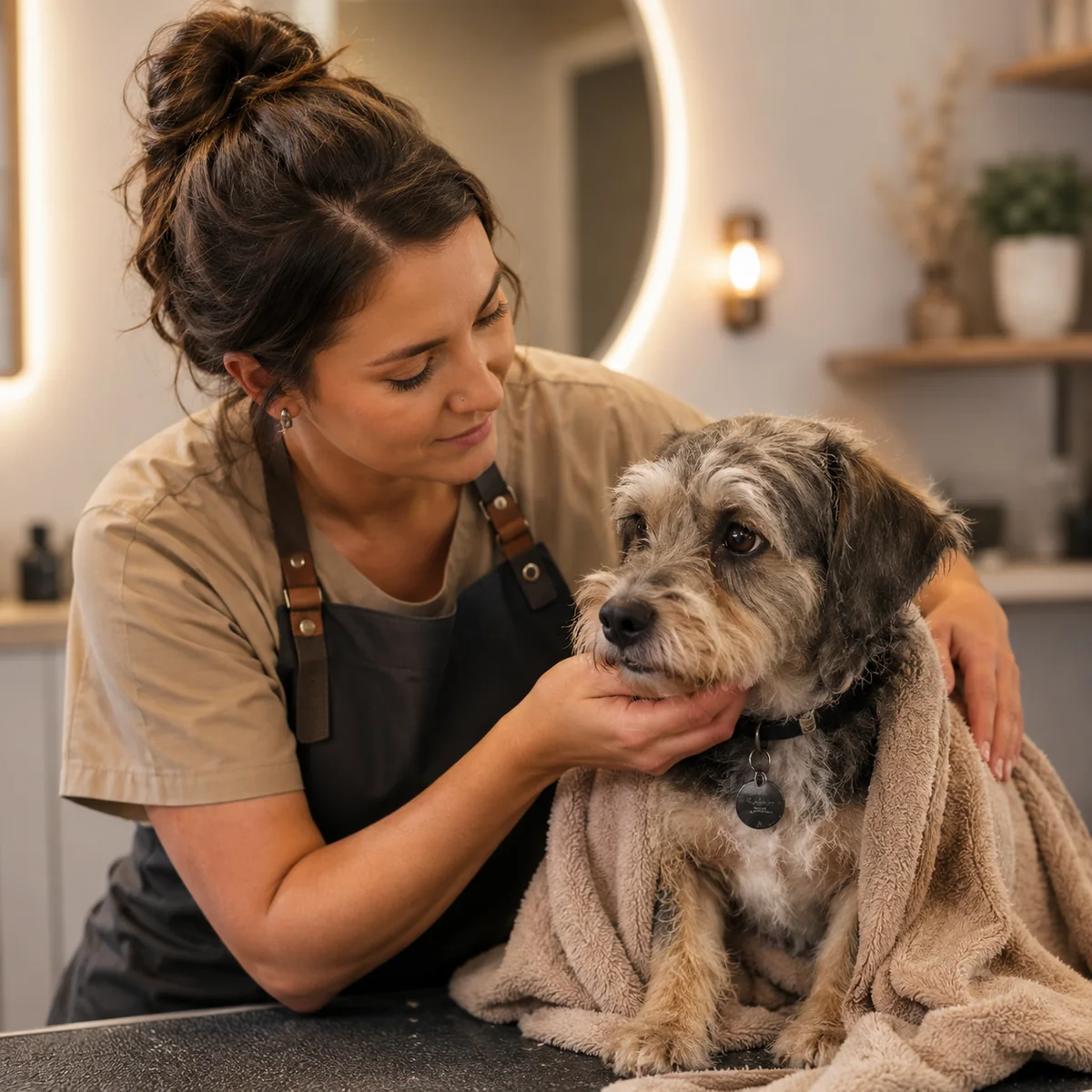 Sensitive dog care with a calm groomer gently comforting an anxious dog