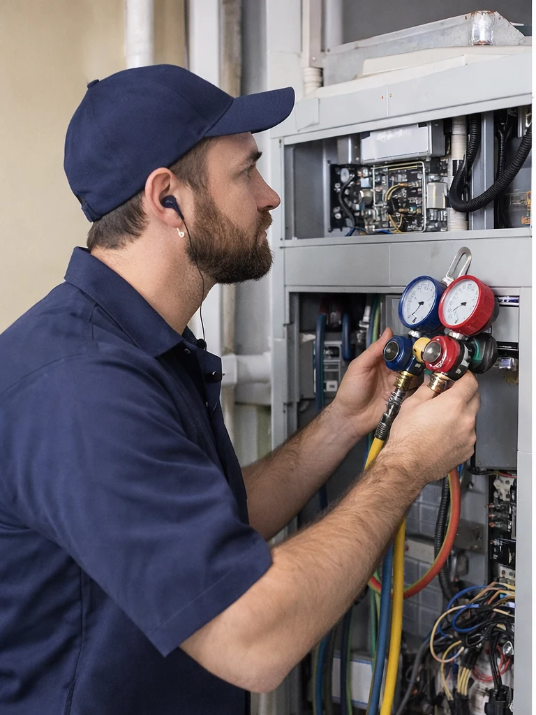 HVAC technician servicing an indoor home system
