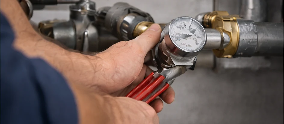 Close-up plumbing diagnostic and valve work during a residential service visit.