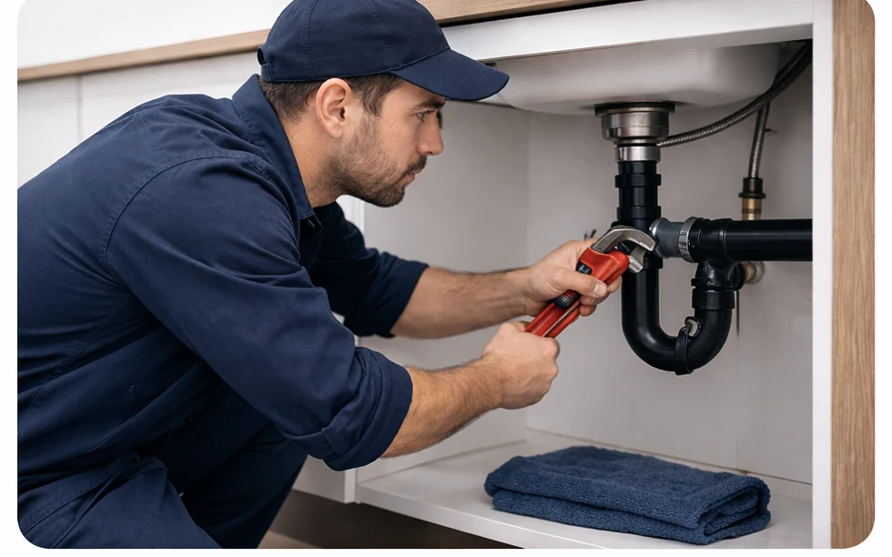 Plumber repairing an active under-sink leak in a home.