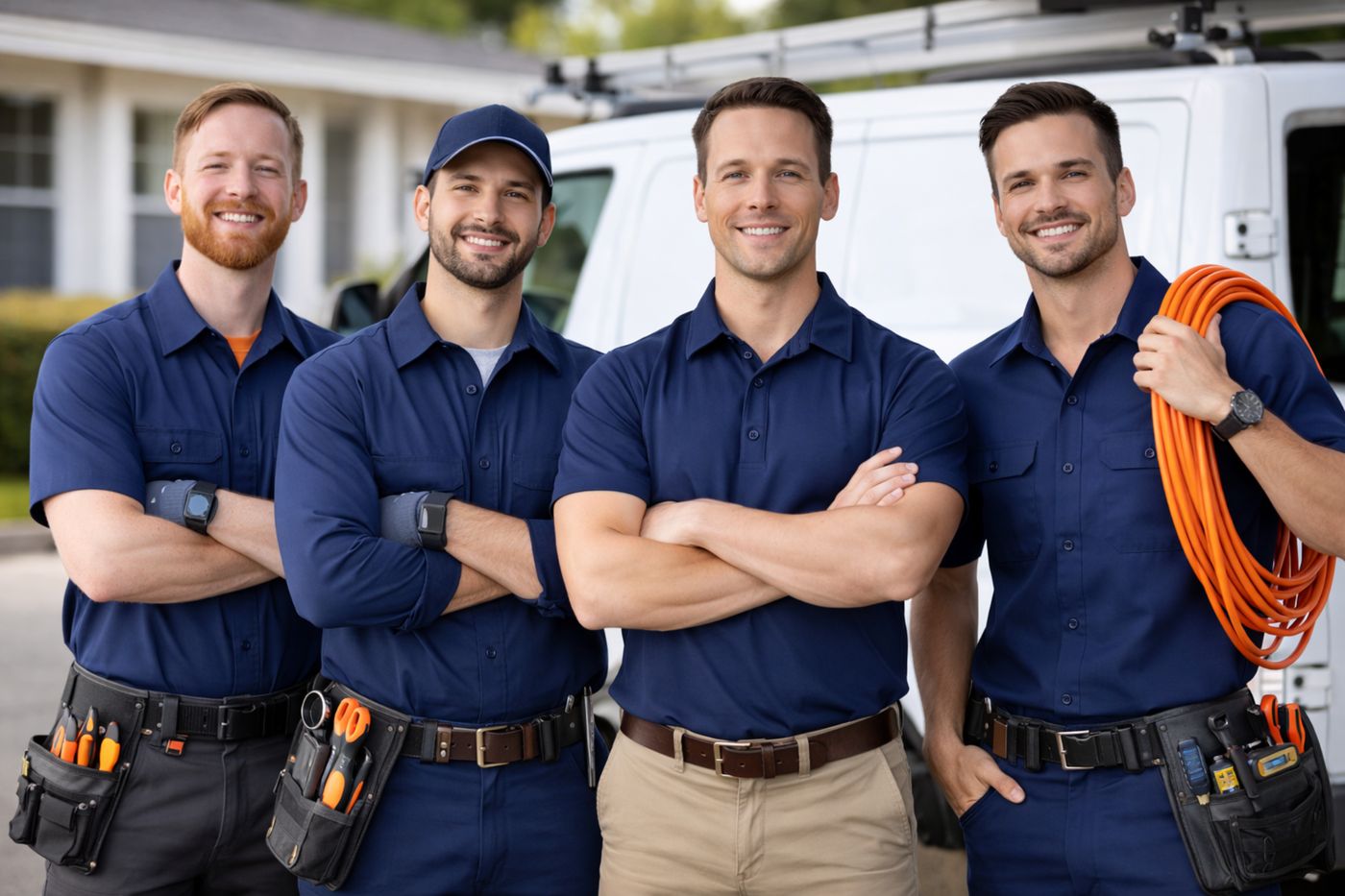 Inland Flow Home Services team standing together in front of a service van