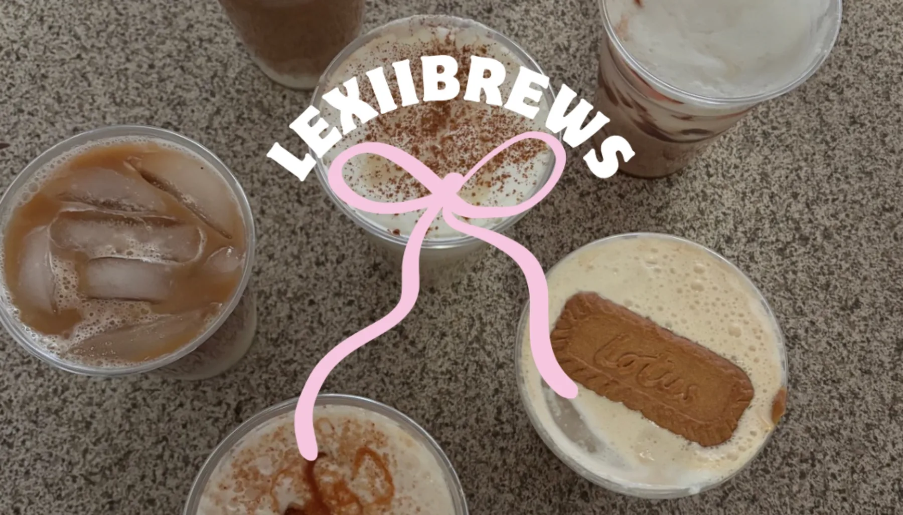 LexiBrews drinks photographed from above with creamy toppings and cocoa dusting