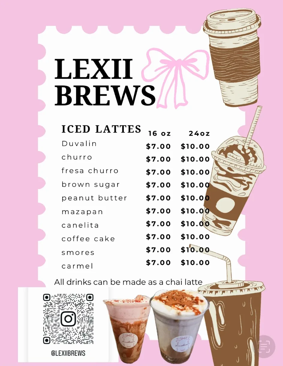 LexiBrews pink menu graphic showing iced latte flavors and pricing