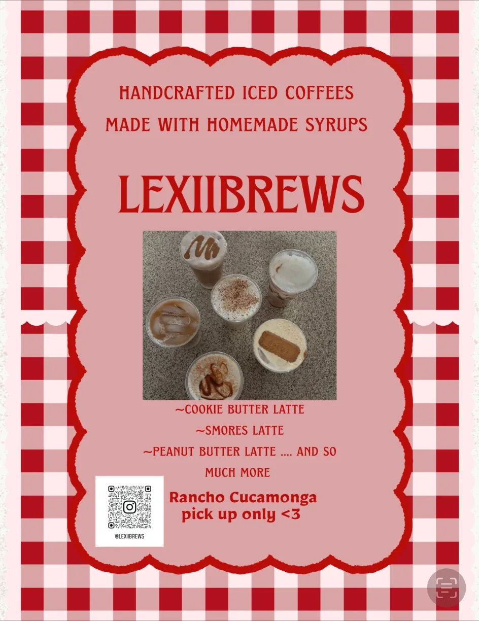 LexiBrews poster with Instagram QR code and coffee drink imagery