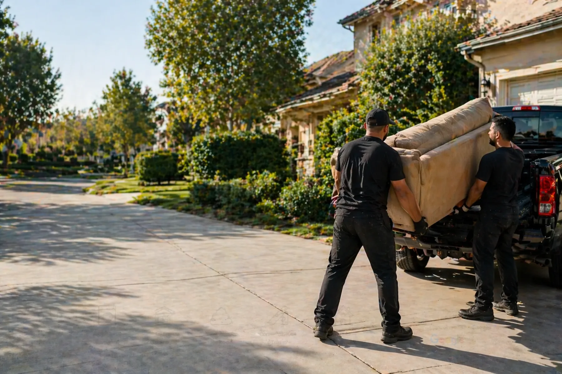 Junk removal crew loading a couch into a pickup truck