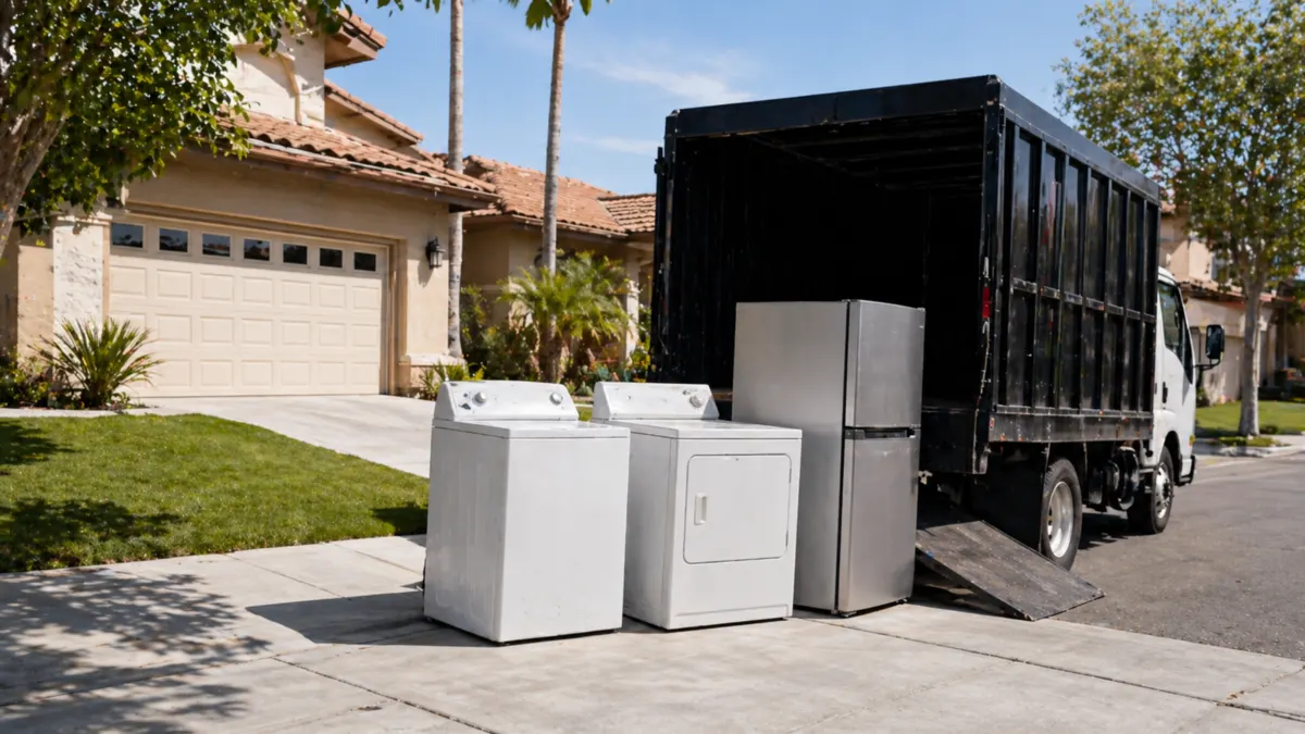 Washer, dryer, and refrigerator staged near a driveway beside a junk removal truck