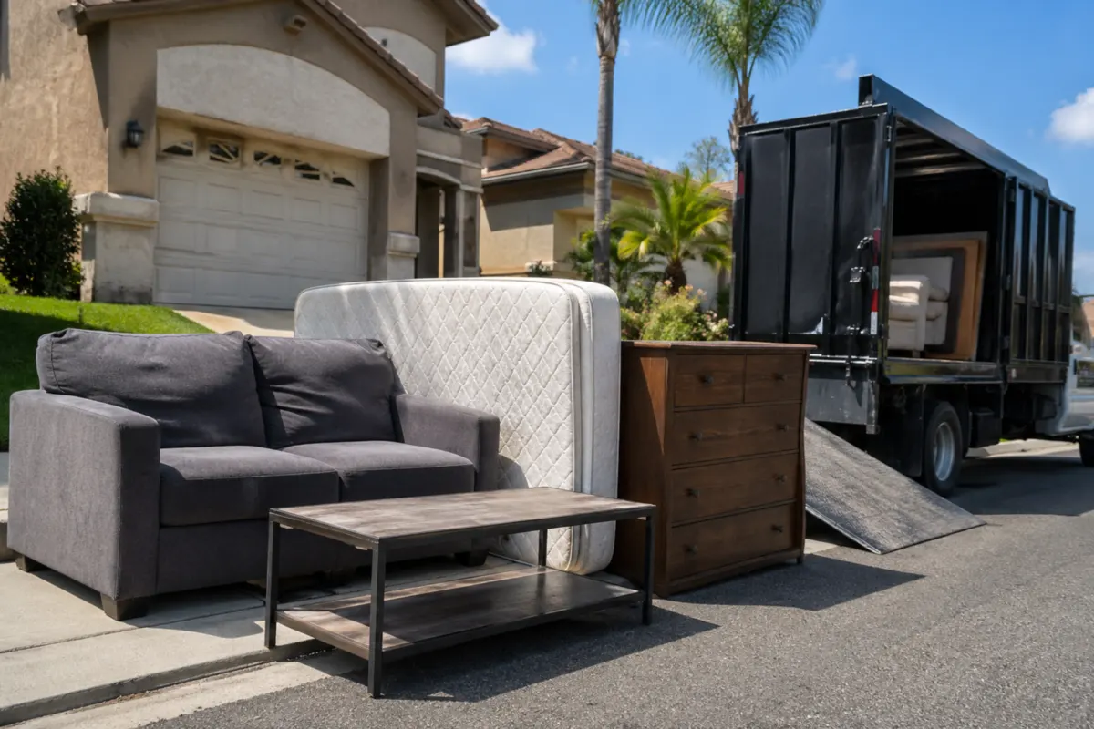 Couch, mattress, dresser, and table staged near a driveway beside a junk removal truck