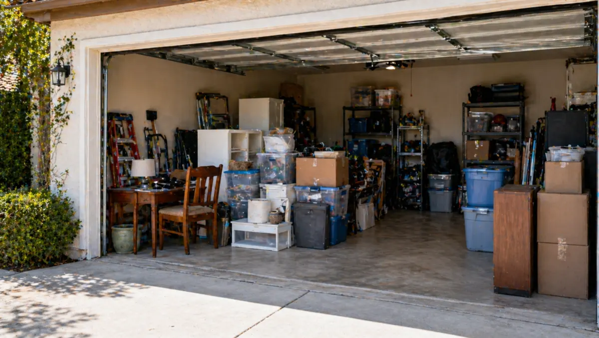 Organized garage cleanout with boxes, bins, and household items ready to be cleared