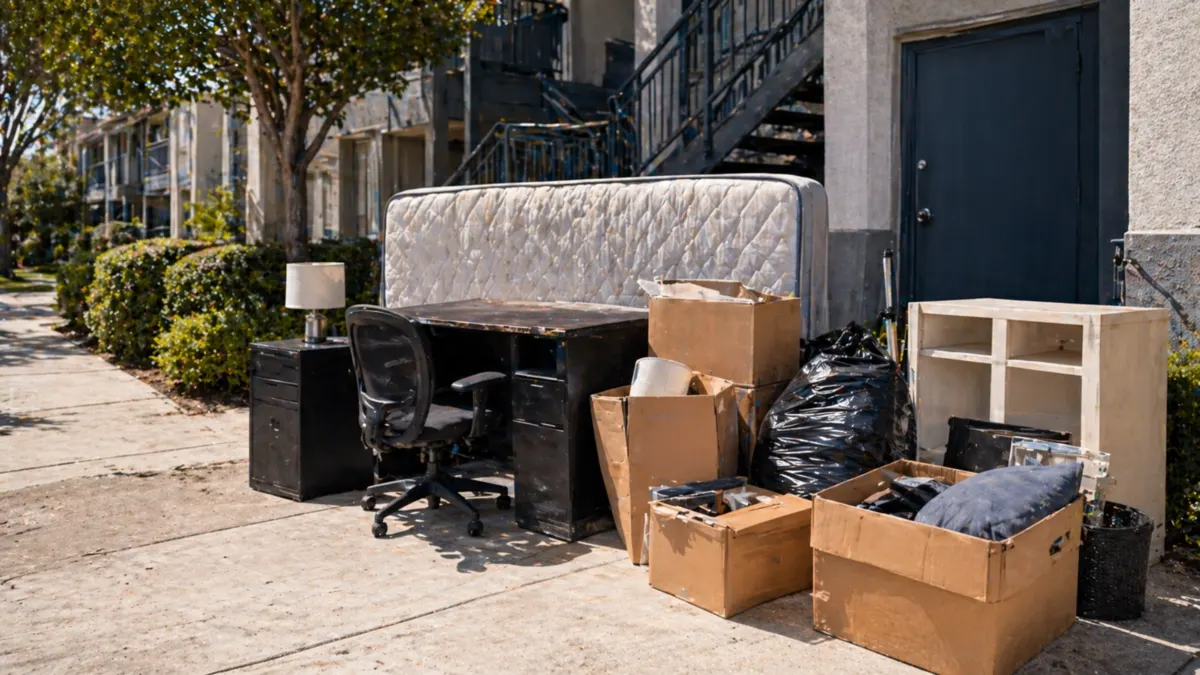 Apartment move-out cleanout with desk, chair, boxes, mattress, and household items