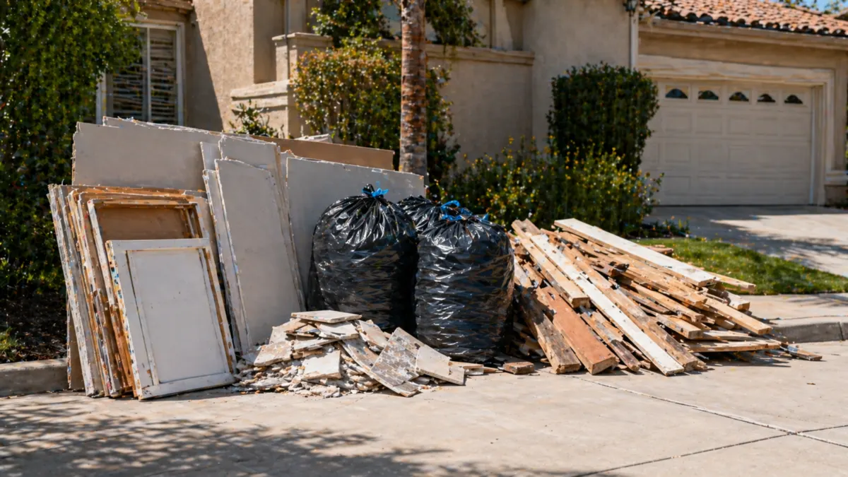 Small residential renovation debris grouped on a driveway for pickup