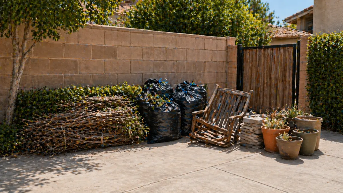 Backyard yard debris with branches, bags, planter pots, and outdoor junk grouped for pickup