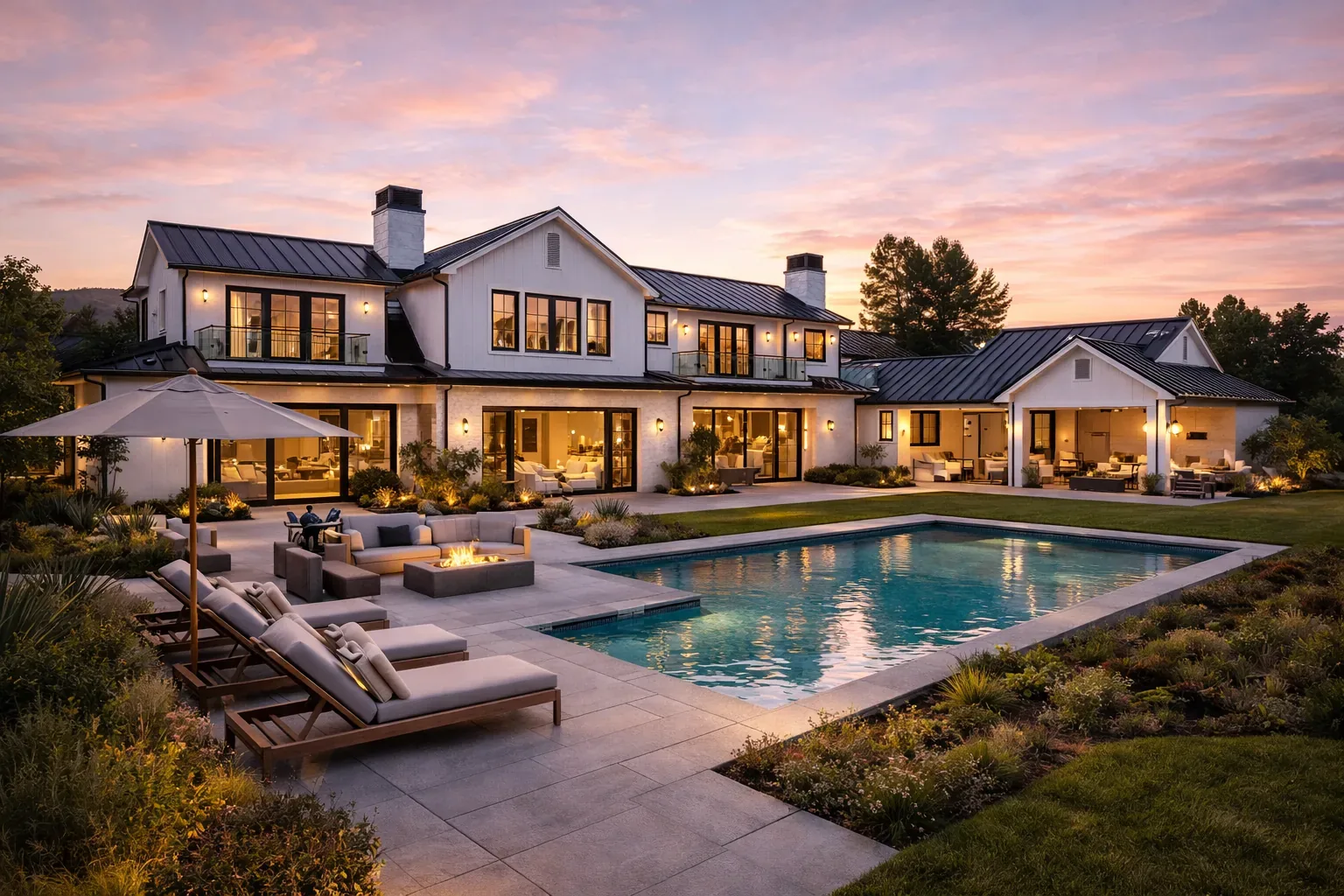 Westchester family residence with warm exterior lighting and spacious outdoor living