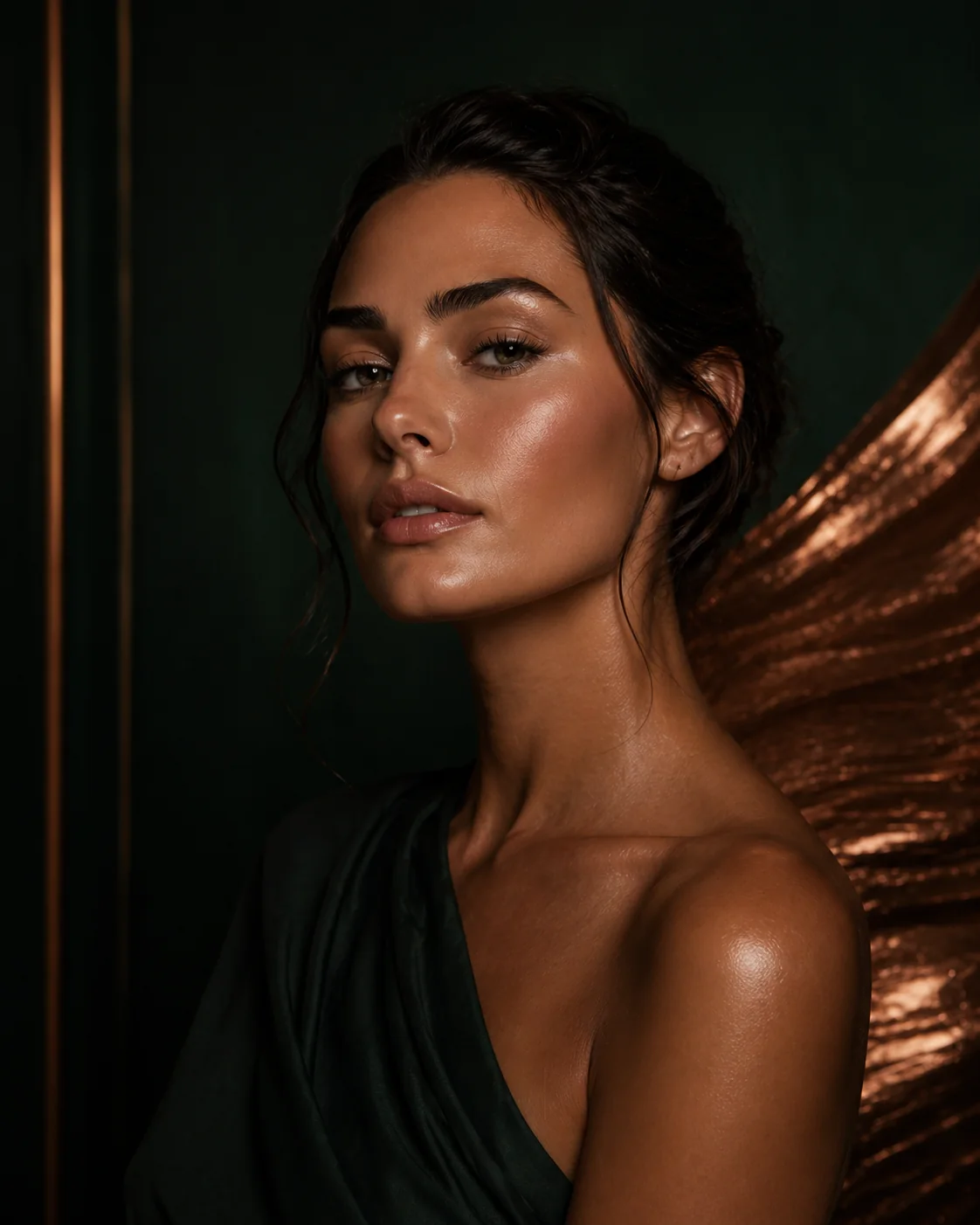 Editorial beauty portrait with deep emerald and copper tones