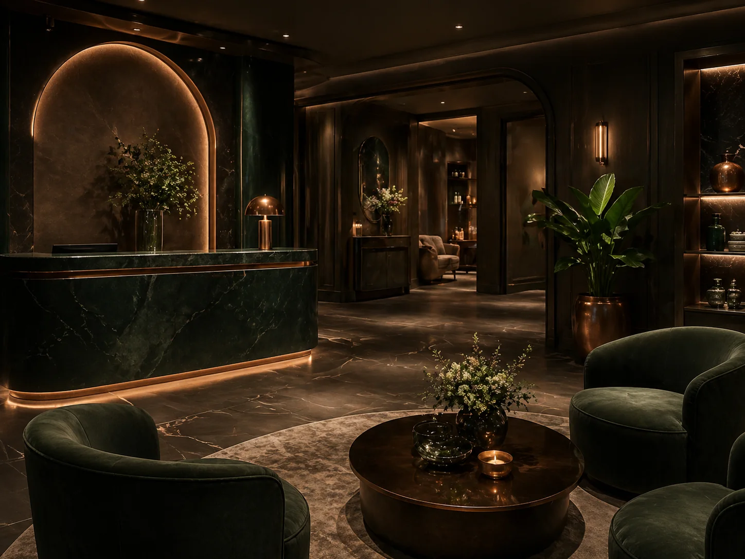 Dark luxury med spa reception and lounge interior