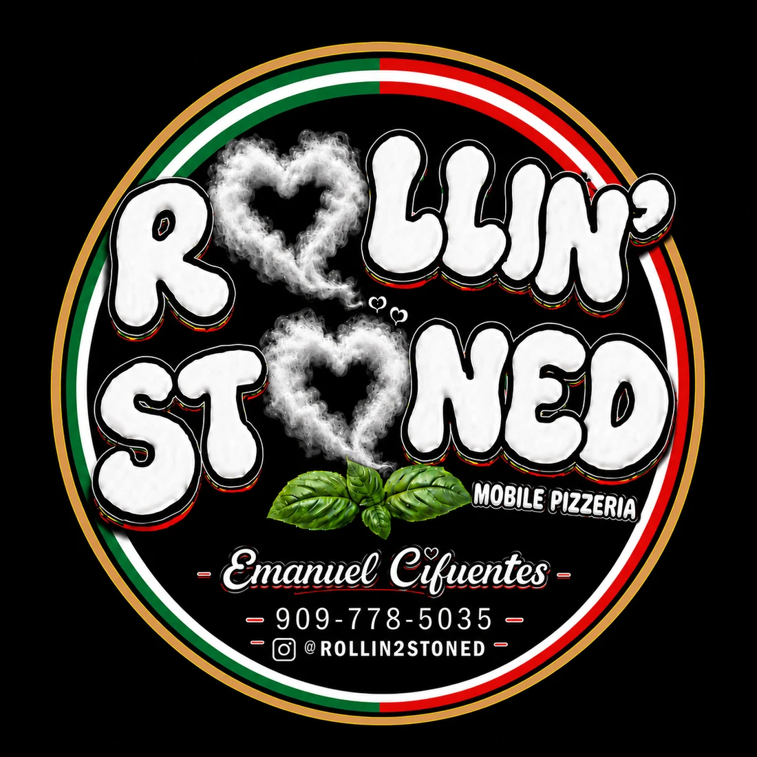 Rollin' 2 Stoned brand mark with Emmanuel Cifuentes contact information