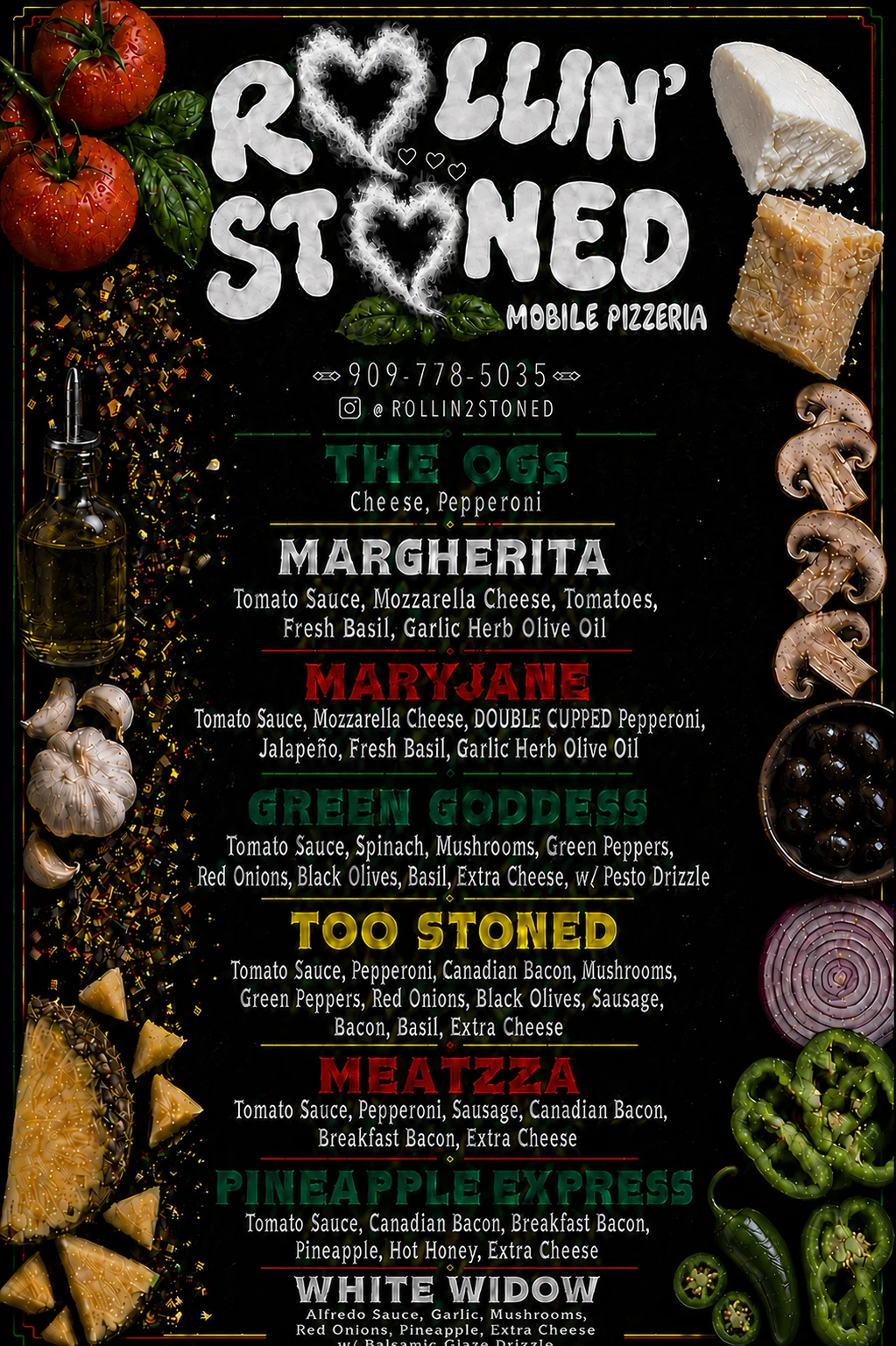 Official Rollin' 2 Stoned pizza menu artwork